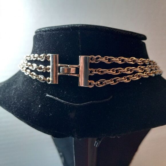 Gold Tone Three Strand Beaded and Oval Disc Necklace Granny Chic - Picture 2 of 5